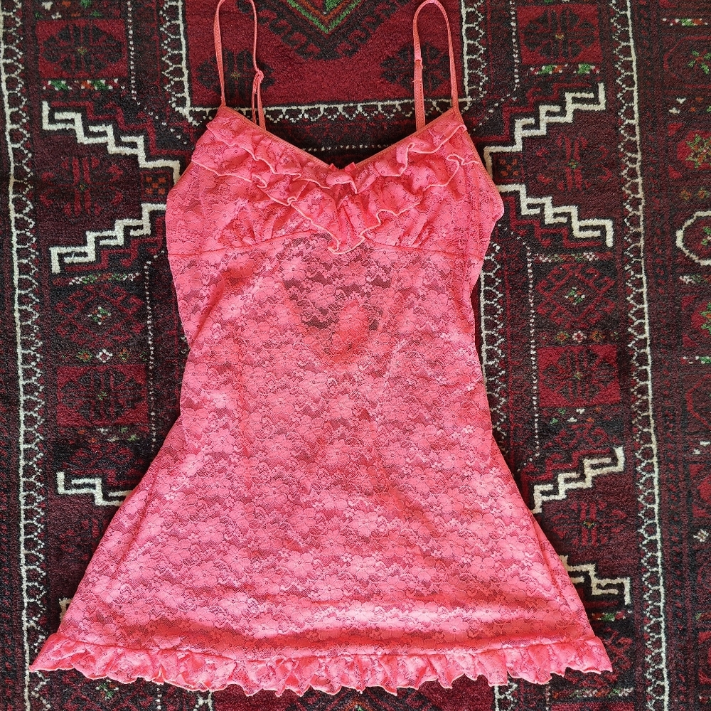 Y2K Pink Lace Babydoll Ruffled Slip Dress - Medium - Picture 2 of 9
